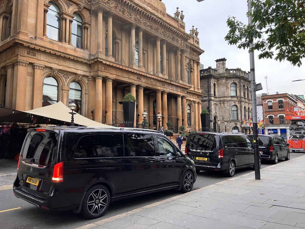 Belfast Executive Travel, Mercedes V-Class vehicles at The Merchant Hotel, Belfast.